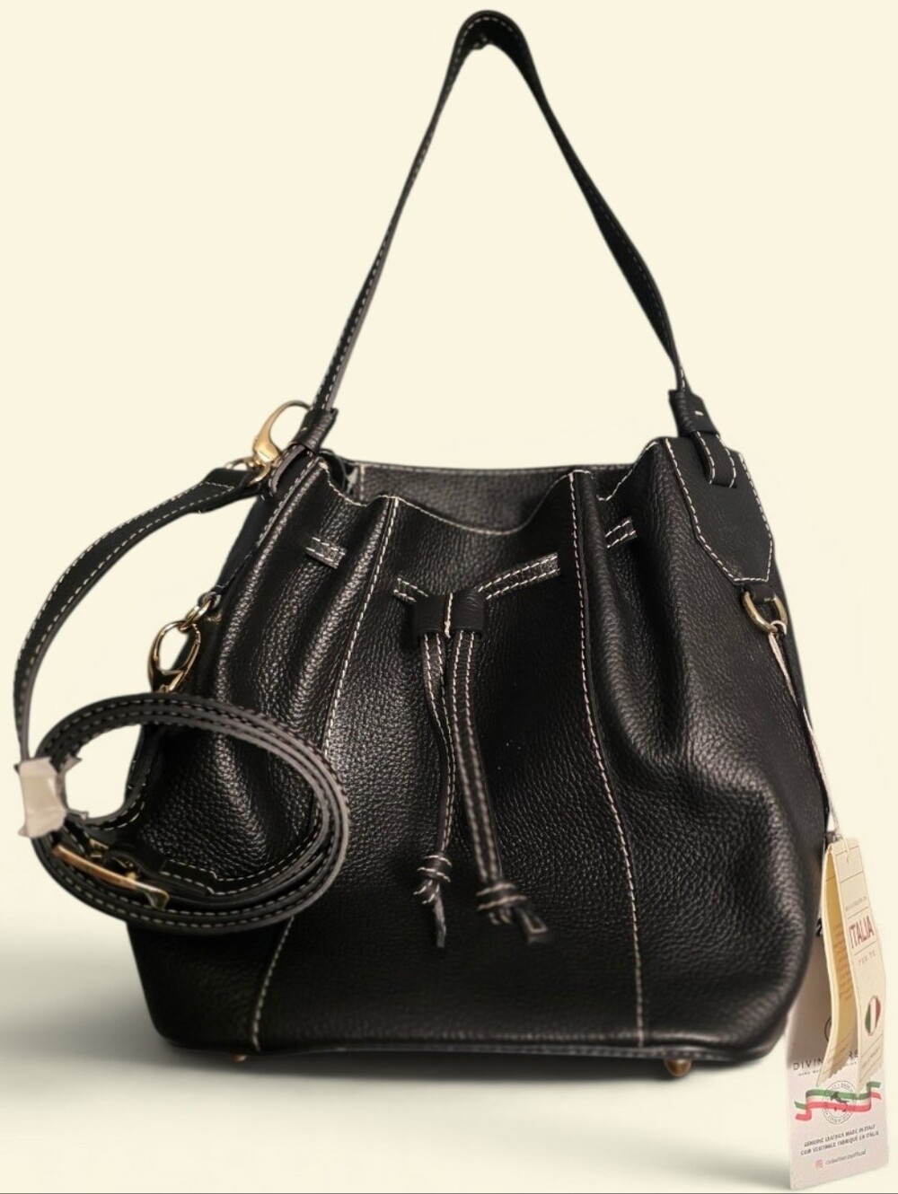 Divina Firenze Black Pebbled Leather Drawstring Bag with Gold Accents